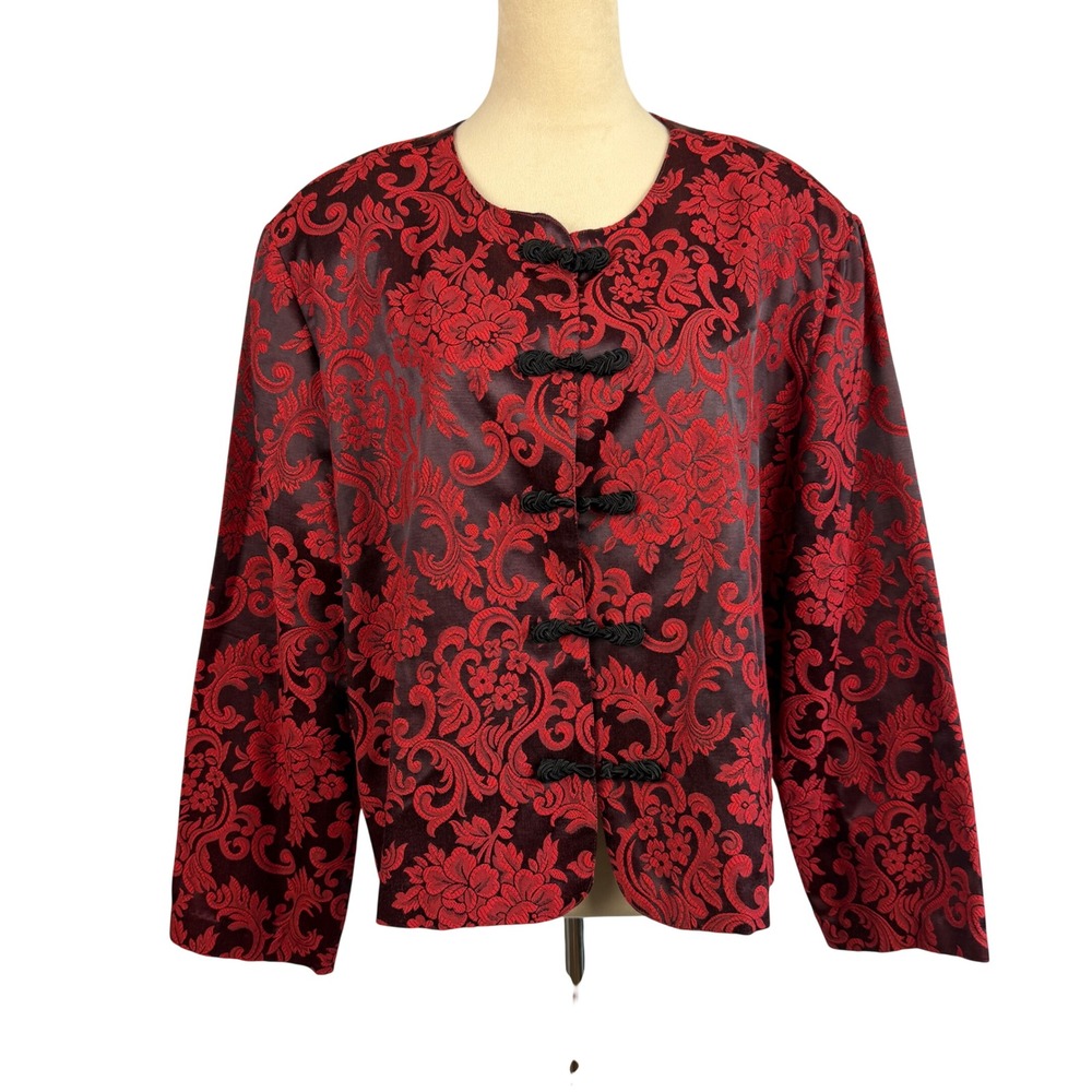 Vintage Maggie McNaughtonโ Red Damask Floral Brocade Frog Toggle Blazer 22W USAr